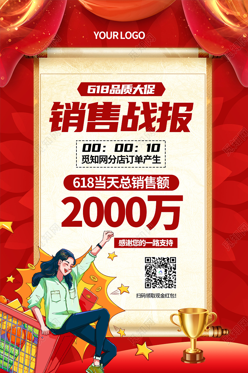 红色大气618销售战报海报618战报