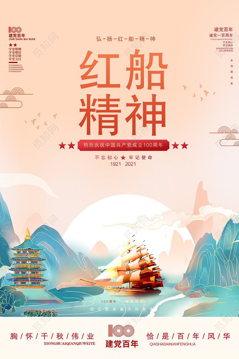 国潮红色中国风红船精神海报