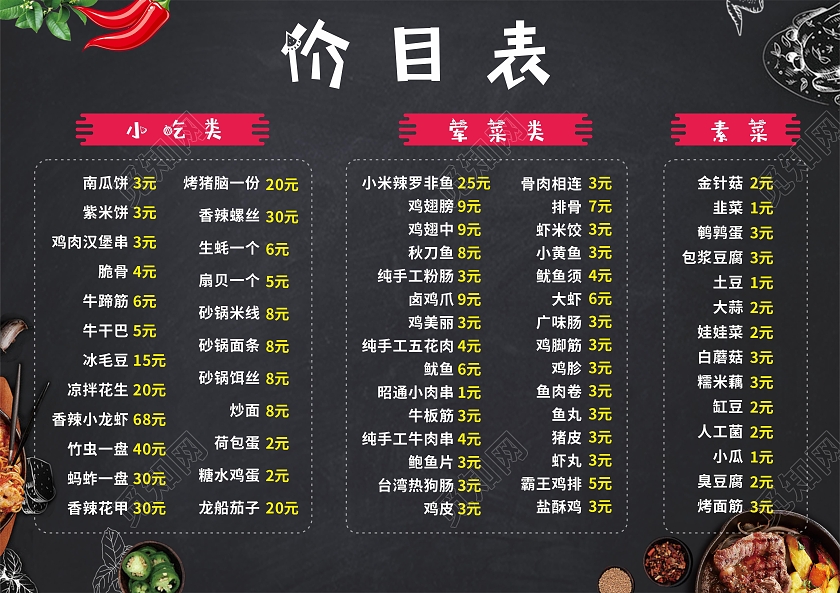 黑色黑板美食背景餐厅烧烤小吃价格表烧烤菜谱价目表