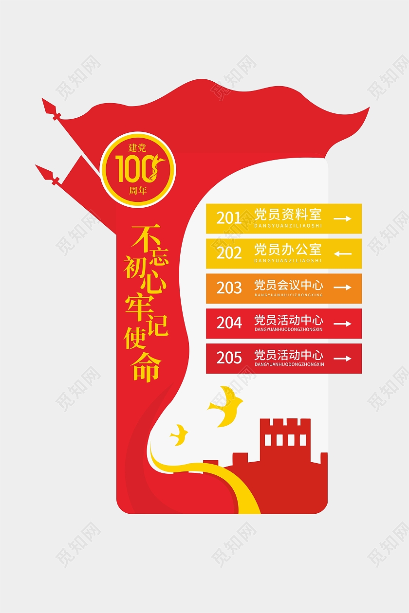 红色旗帜长城建党100周年不忘初心办公室门牌党建门牌