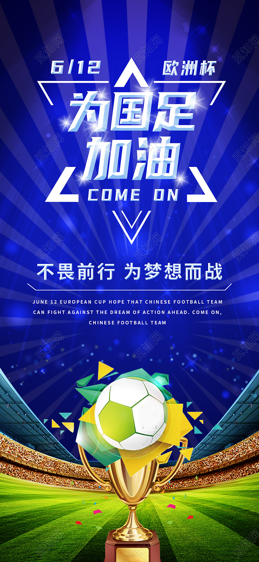 蓝色简约为国足加油欧洲杯手机海报