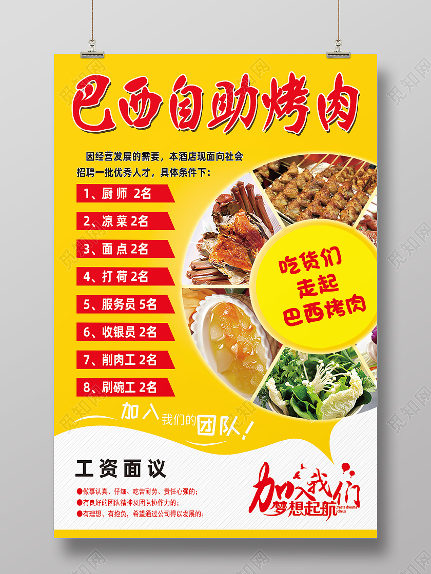 黄色简约巴西自助烤肉烧烤招聘海报