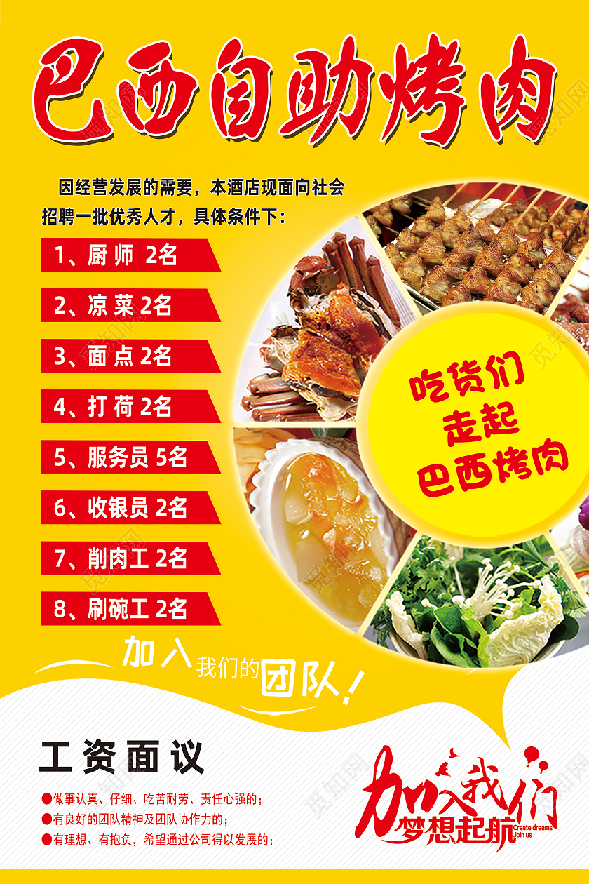 黄色简约巴西自助烤肉烧烤招聘海报