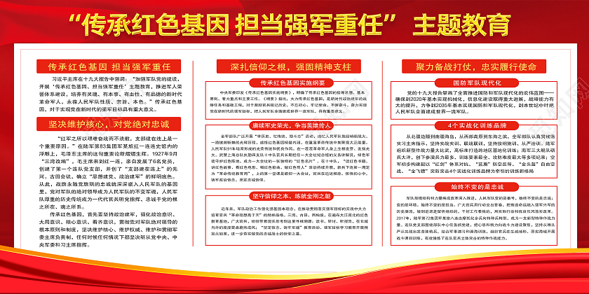红色简约传承红基因担当强军重任红色基因展板