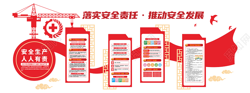 大气红色全国安全生产月工地安全生产知识文化墙安全生产人人有责文化墙