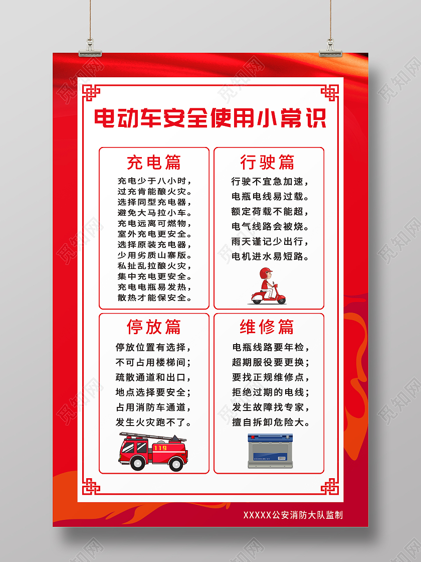 红色简约电动车安全使用常识宣传海报