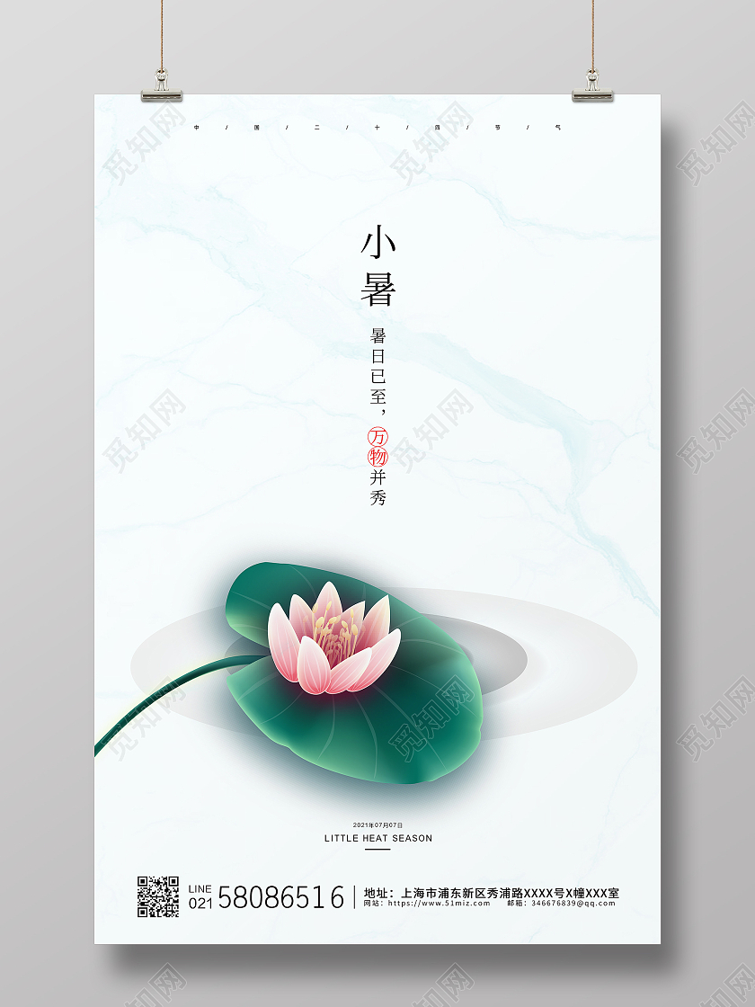 白色简约荷花荷叶插画二十四节气24节气小暑二十四节气24节日小暑
