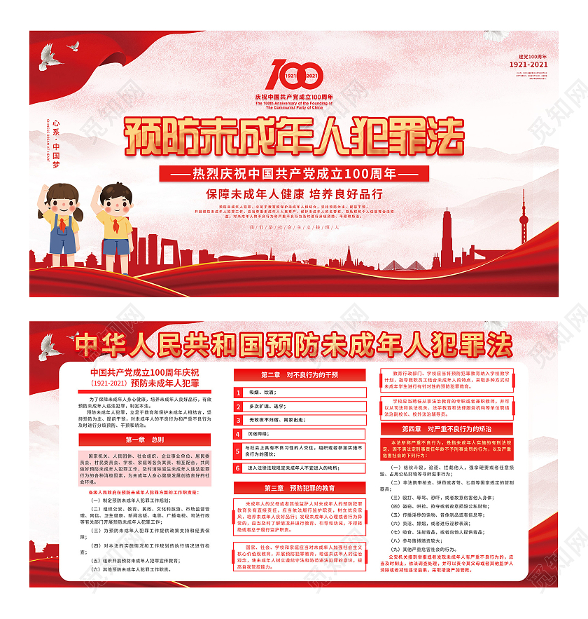 红色大气预防未成年人犯罪法宣传展板未成年人保护法