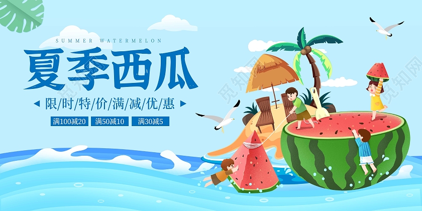 蓝色蓝天白云夏季西瓜展板