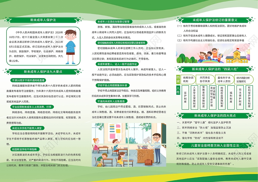 绿色简约小清新卡通保护未成年人法三折页保护青少年三折页未成年人保护法三折页