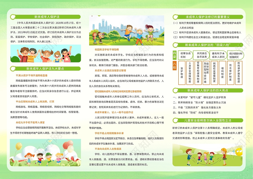 绿色小清新简约卡通未成年人保护法三折页关爱未成年人三折页