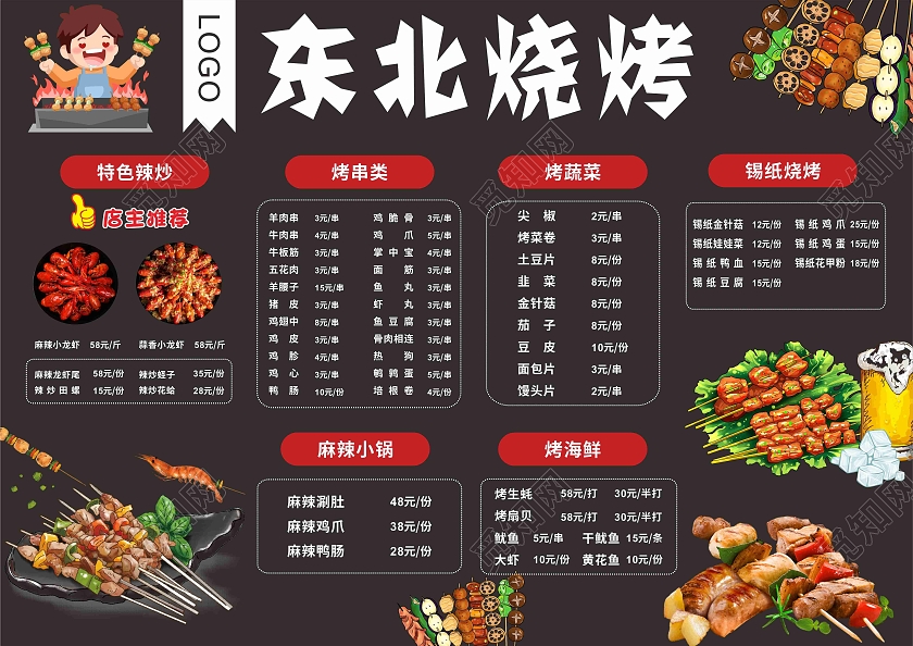 黑色高端大气东北烧烤店菜单