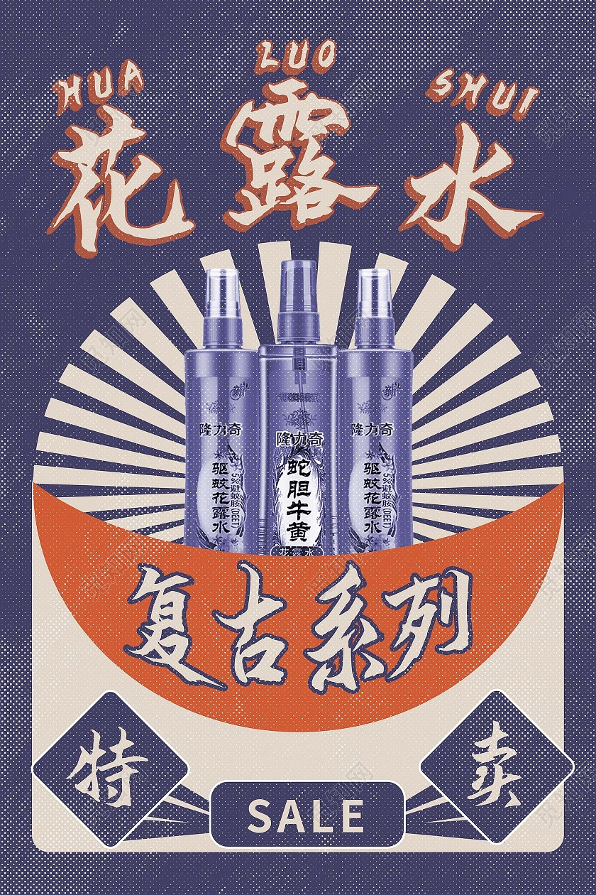 深蓝色复古老上海风格花露水促销宣传海报设计老上海复古民国风