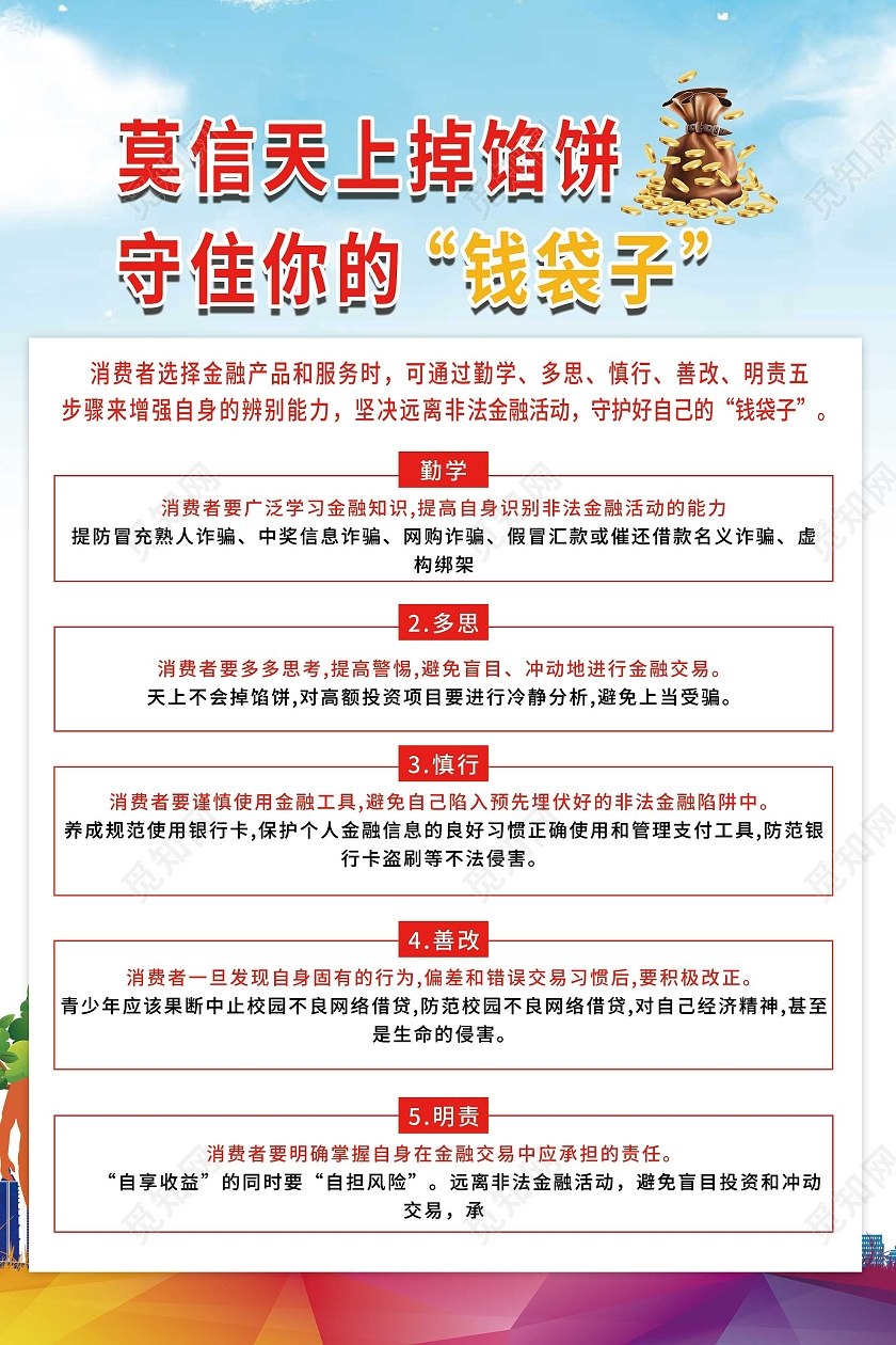蓝色大气莫信天上掉馅饼守住你的钱袋子海报守住钱袋子
