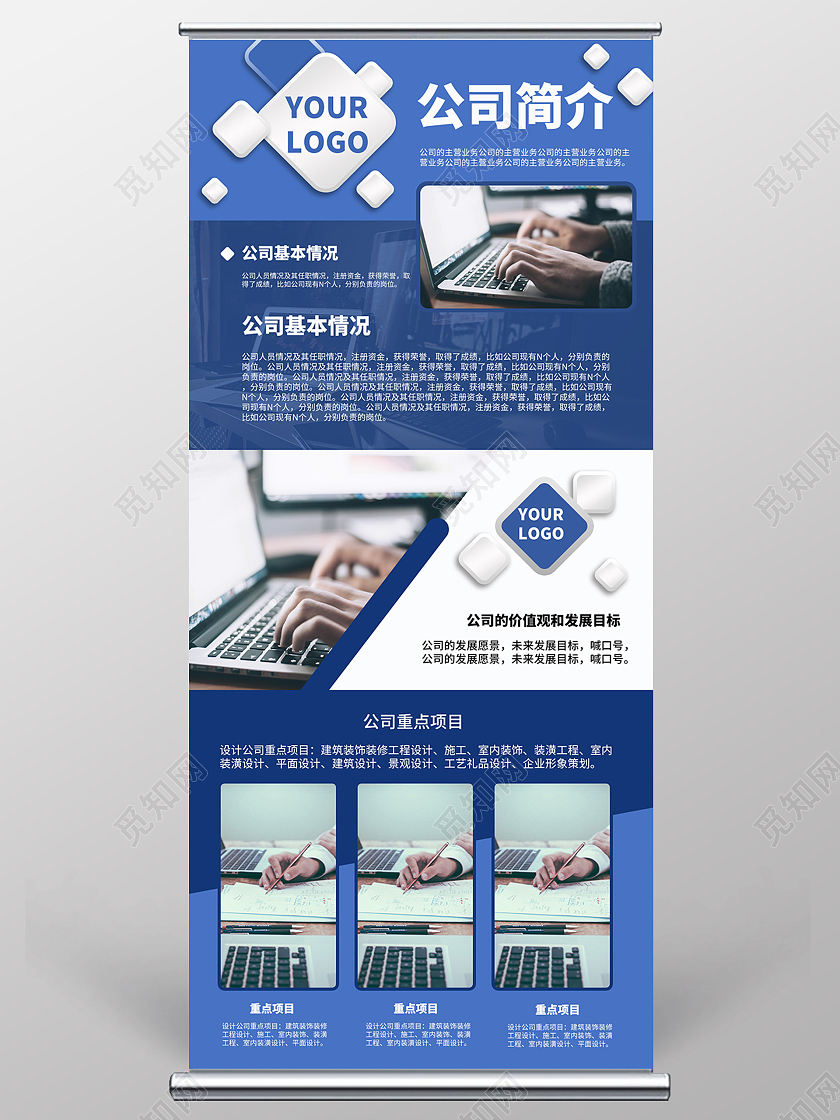 蓝色大气几何矢量公司介绍公司价值观和发展目标企业易拉宝展架企业公司易拉宝