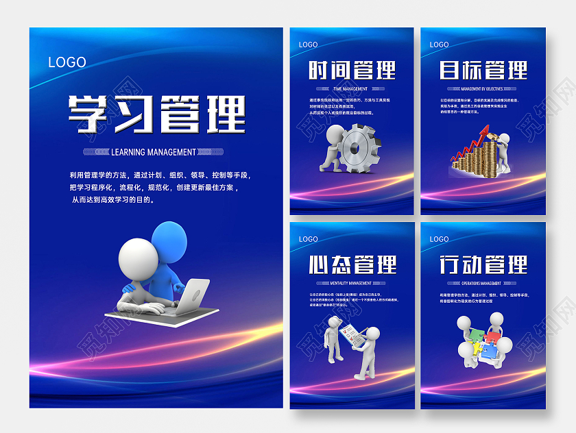 蓝色光效风格五项管理展板