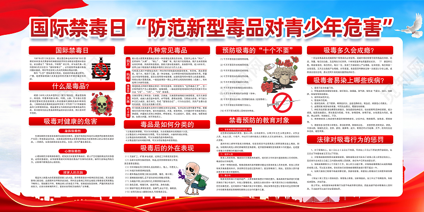 红色简约防范新型毒品对青少年危害国际禁毒日展板