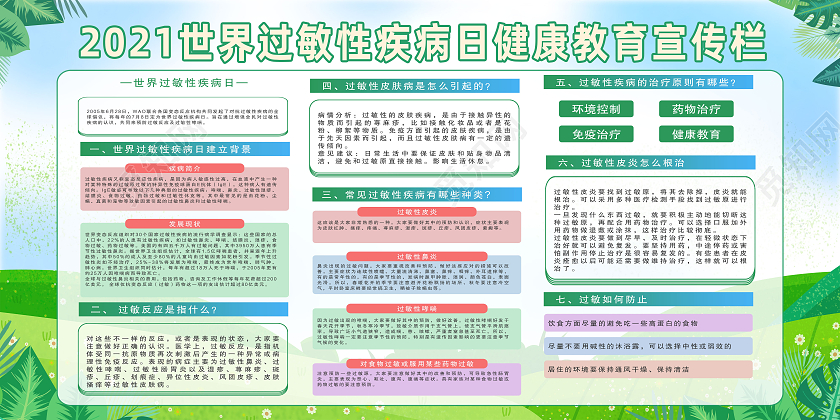 绿色简约2021世界过敏性疾病日健康教育宣传栏展板