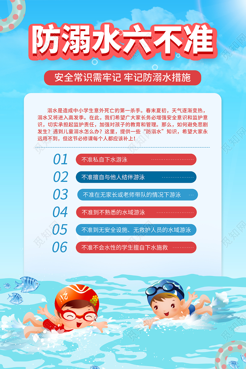 蓝色简约大气插画防溺水游泳活动展板防溺水六不准