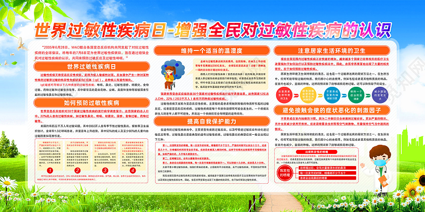 蓝天草地手绘世界过敏性疾病日增强全民对过敏性疾病的认识展板