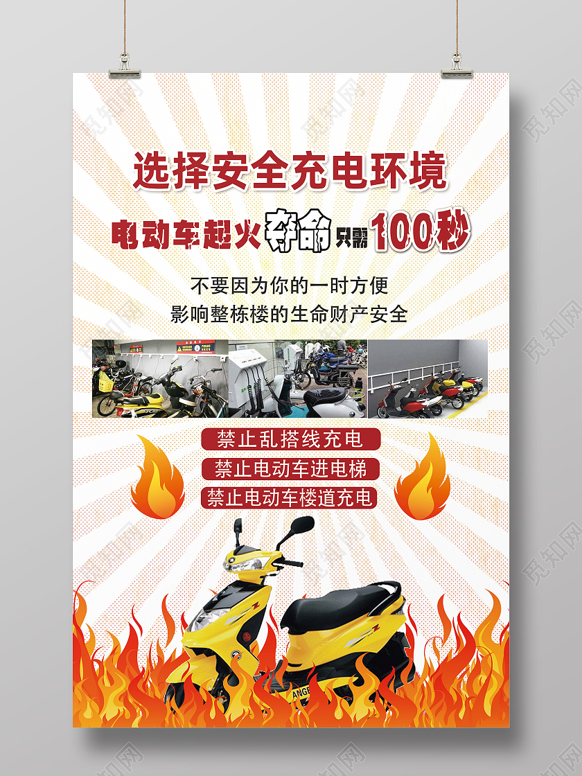 黄色简约选择安全充电环境电动车消防安全海报