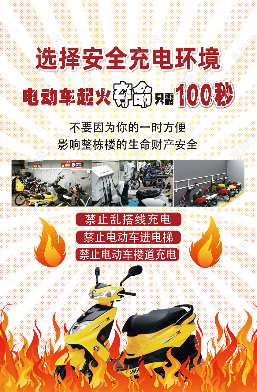 黄色简约选择安全充电环境电动车消防安全海报