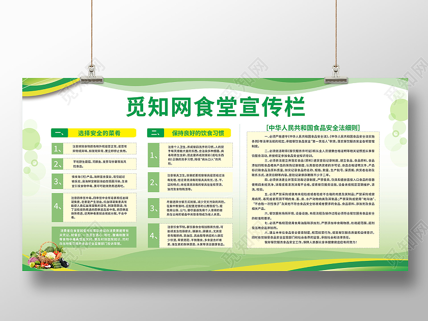 绿色简约觅知网食堂宣传栏食品安全宣传展板食堂食品安全