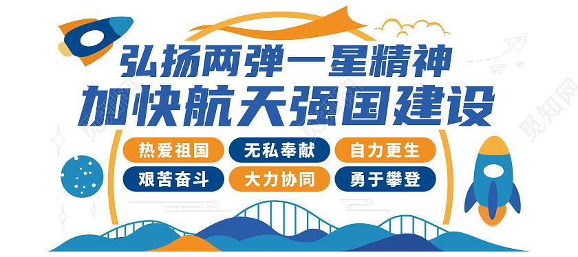 蓝色卡通两弹一星精神文化墙