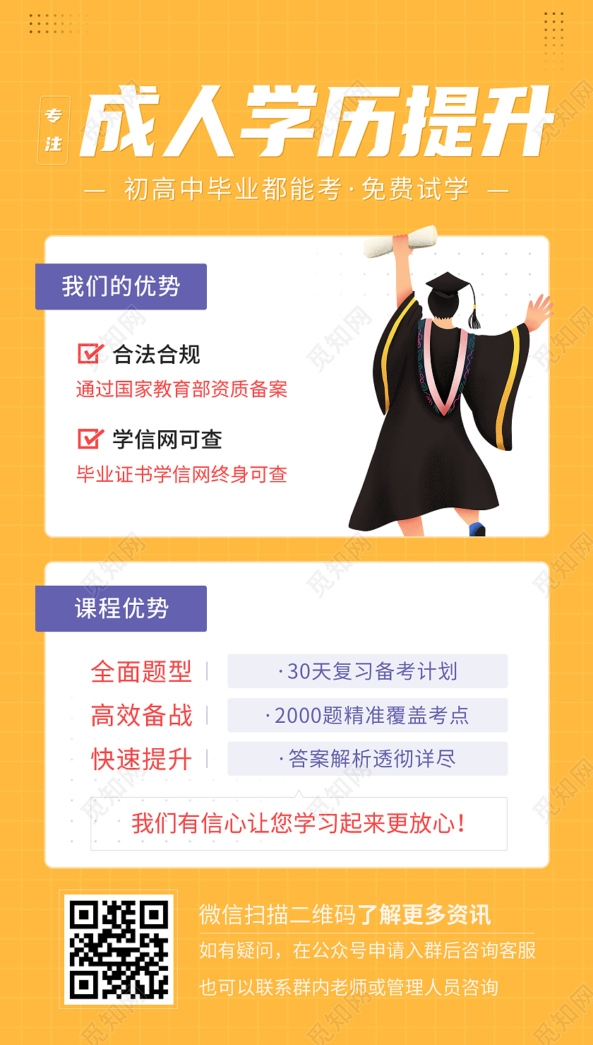 黄色简约学历提升海报升学历ui手机海报