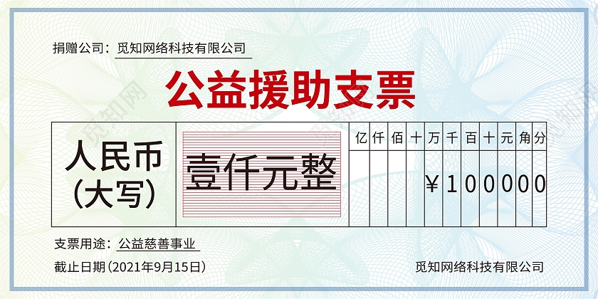 绿色简约风公益援助支票