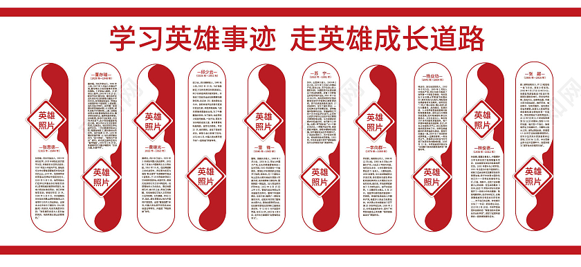 红色大气简洁创意学习英雄事迹走英雄成长道路文化墙设计十大英模文化墙
