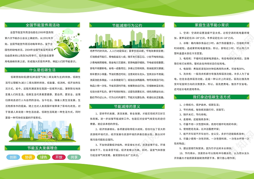 绿色简约小清新剪纸风全国节能宣传周活动三折页节能减排折页全国节能宣传周三折页