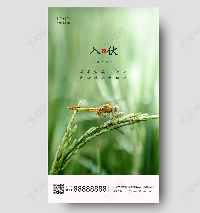 绿色清新大气蜻蜓三伏天入伏海报ui三伏天入伏ui手机海报