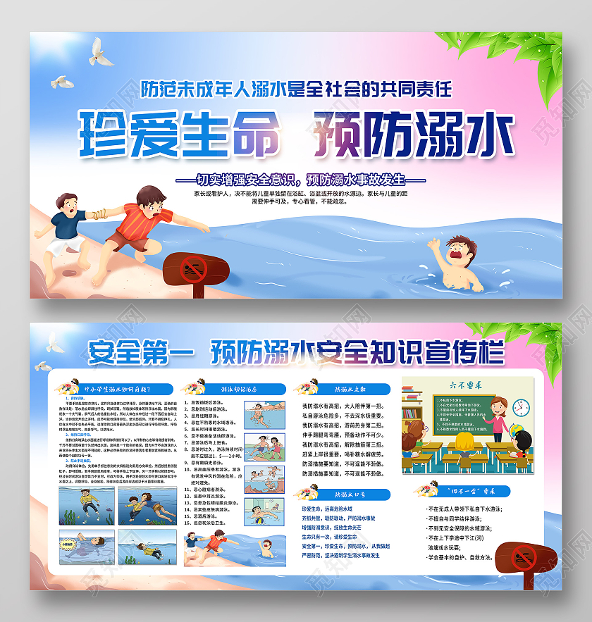 蓝色简约夏天夏季防溺水宣传栏