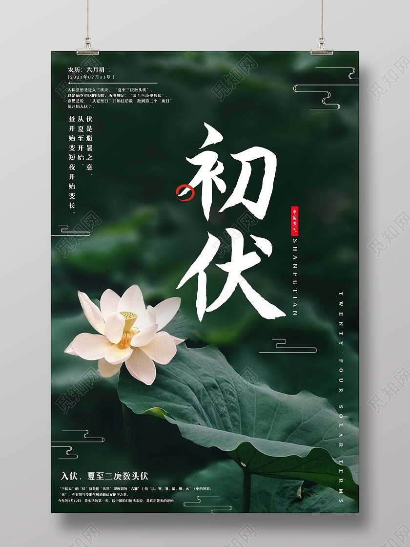 墨绿色荷花初伏宣传海报三伏天初伏头伏