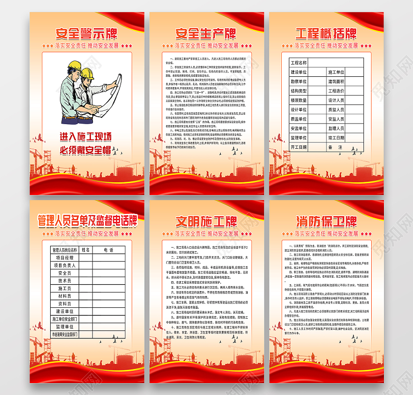 红色大气安全警示牌工程五图一牌套图海报