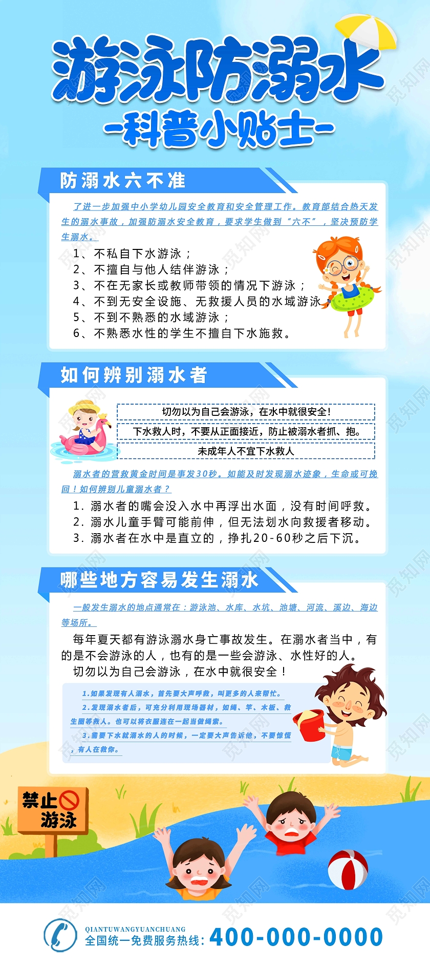 蓝色简约大气游泳防溺水科普小贴士宣传展架防溺水六不准