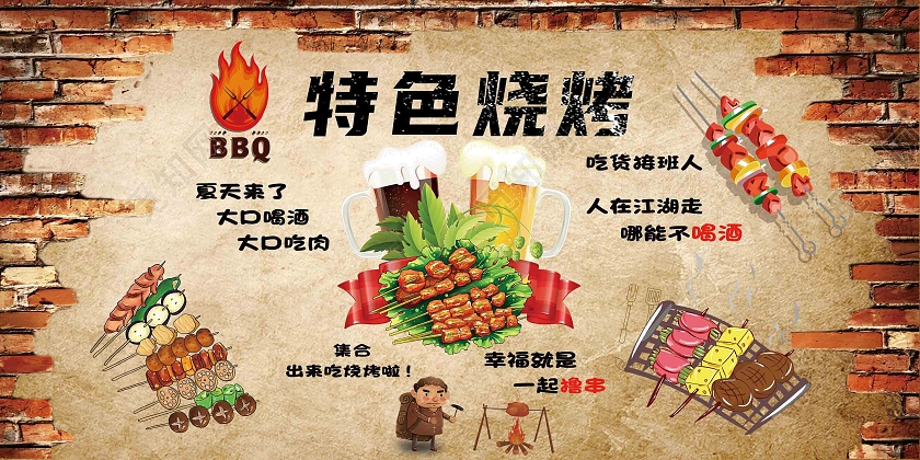 黄色复古风特色烧烤烧烤背景墙展板