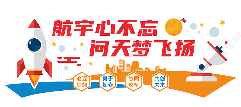 橙蓝色卡通简约大气矢量航天文化墙航空航天文化墙