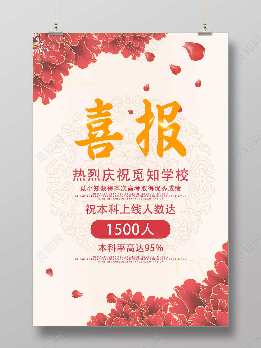 粉色中式高考喜报热烈祝贺海报