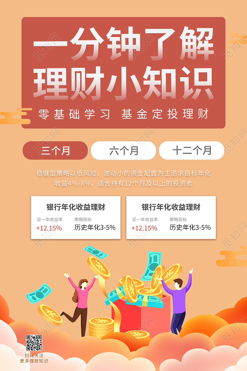 红色黄色卡通金币人物纸币云层金融小知识海报金融知识