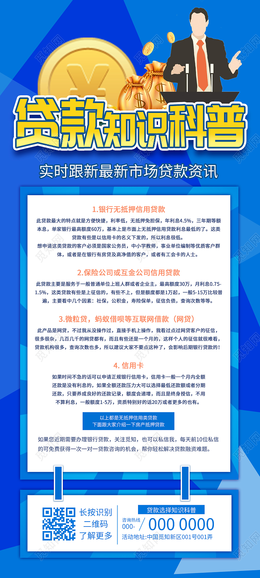 蓝色简约贷款知识科普UI手机海报金融知识