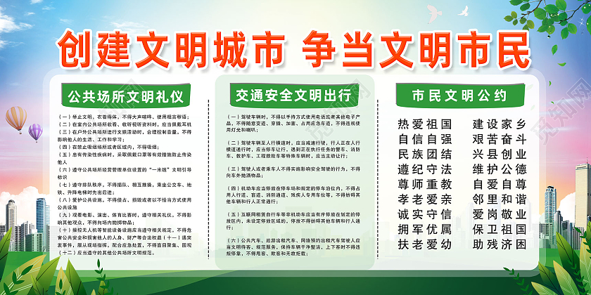 蓝天草地手绘创建文明城市争当文明市民文明城市公约展板