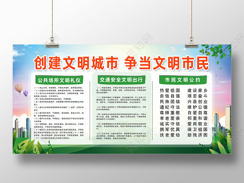蓝天草地手绘创建文明城市争当文明市民文明城市公约展板