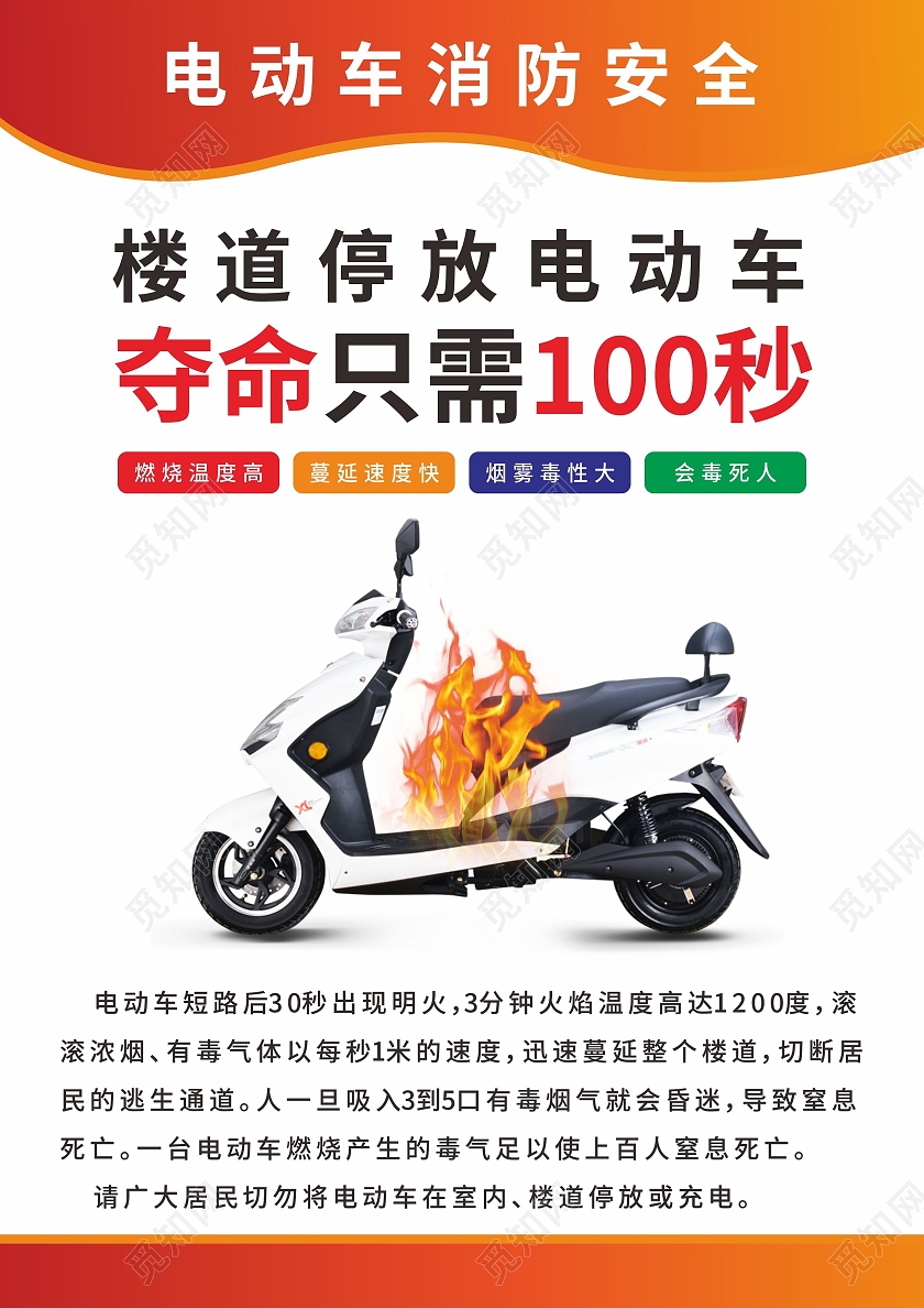 红色火焰电动车消防安全提示海报