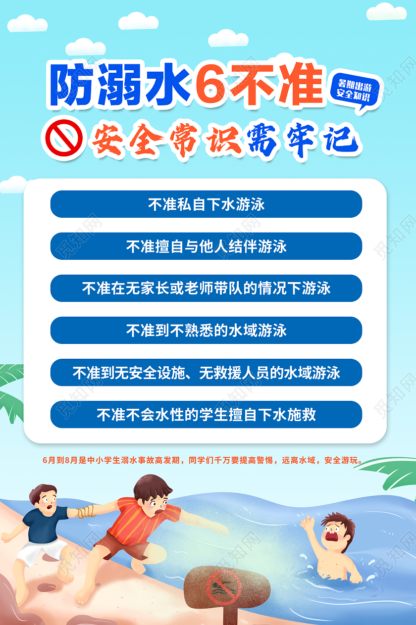 蓝色防溺水防溺水6不准游泳安全常识卡通行业模板