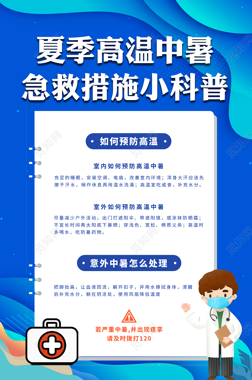 蓝色流体夏季高温中暑医生急救措施科普夏季防中暑行业模板