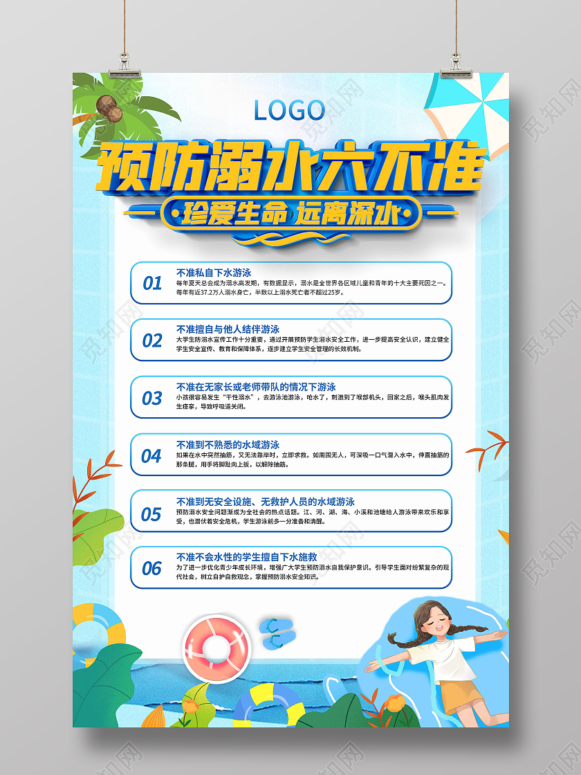 蓝色简约大气预防防溺水6不准宣传海报防溺水六不准