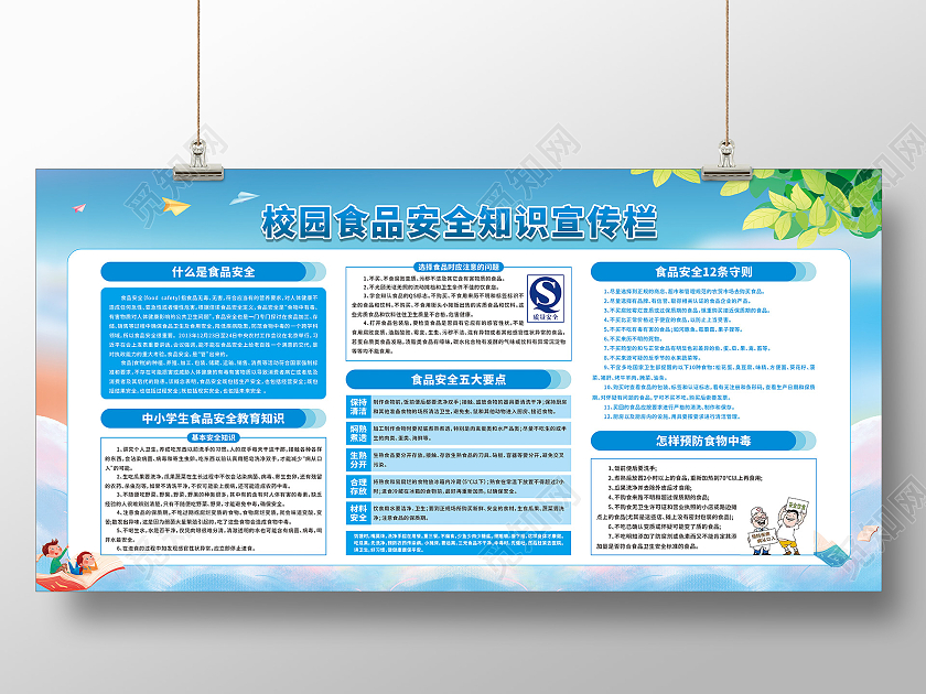 蓝色卡通校园食品安全知识宣传栏展板校园食品安全宣传栏