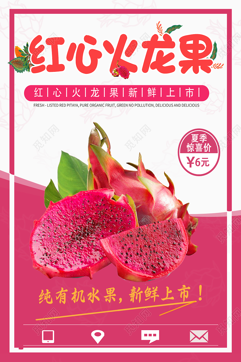 白色简约火龙果红心火龙果海报